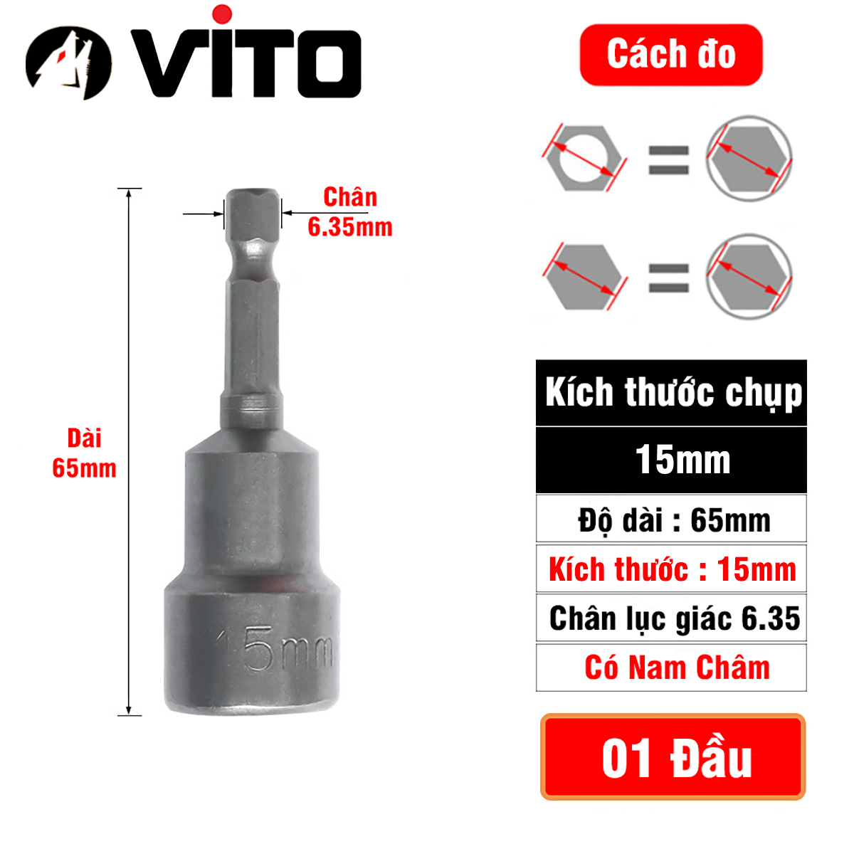 Đầu Chụp Bulong Bắn Vít Lục Giác Có Nam Châm Dài 65mm VITO Các Kích Cỡ