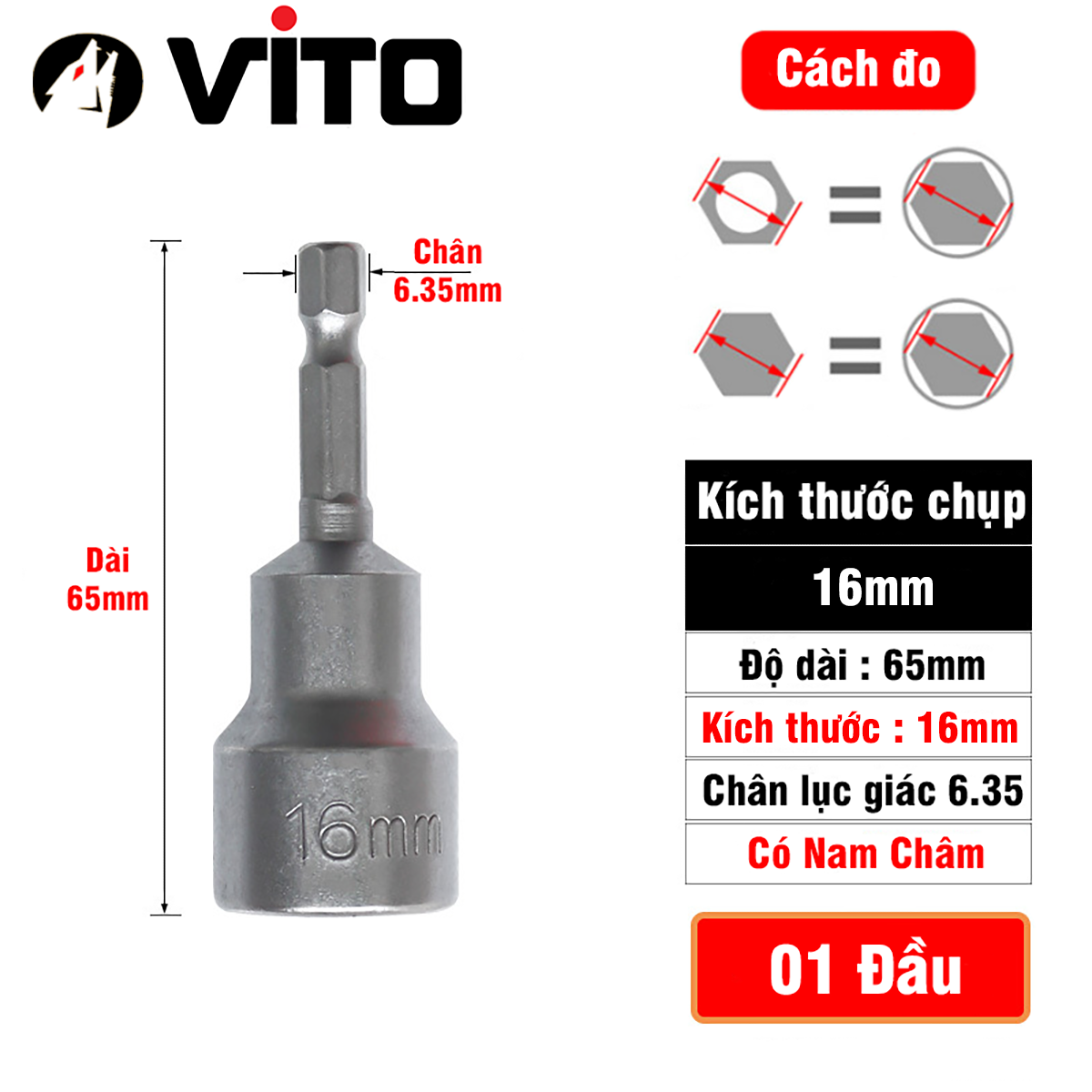 Đầu Chụp Bulong Bắn Vít Lục Giác Có Nam Châm Dài 65mm VITO Các Kích Cỡ