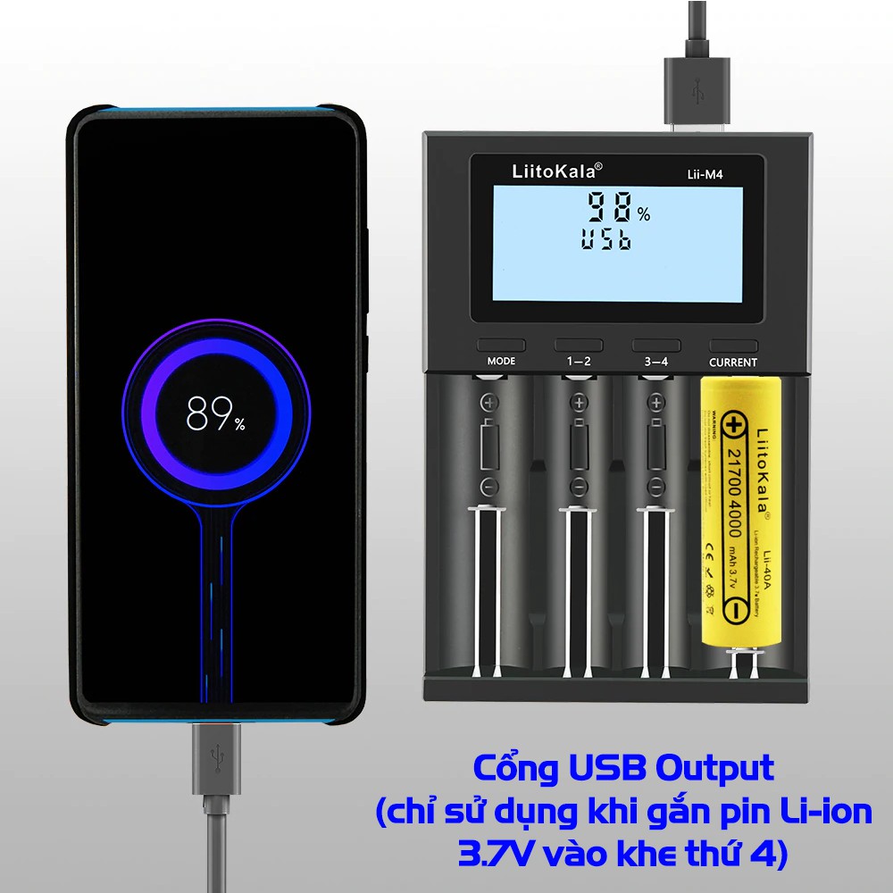 Bộ Sạc Pin Liitokala Lii-M4 Đa Năng Test Dung Lượng Nguồn Vào 5V USB