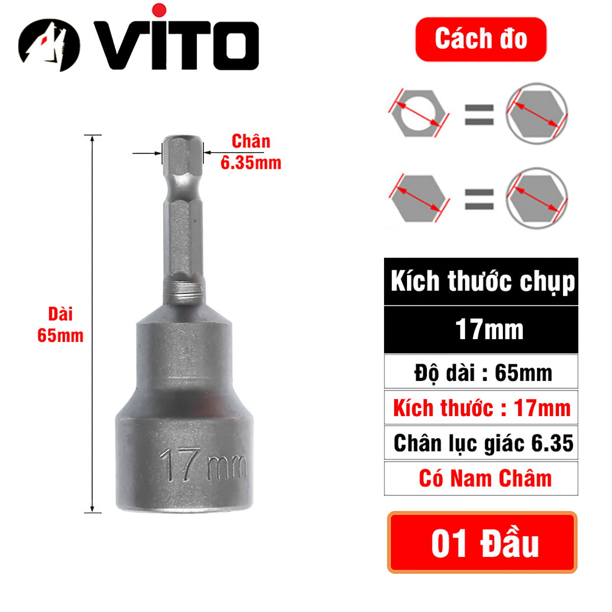 Đầu Chụp Bulong Bắn Vít Lục Giác Có Nam Châm Dài 65mm VITO Các Kích Cỡ