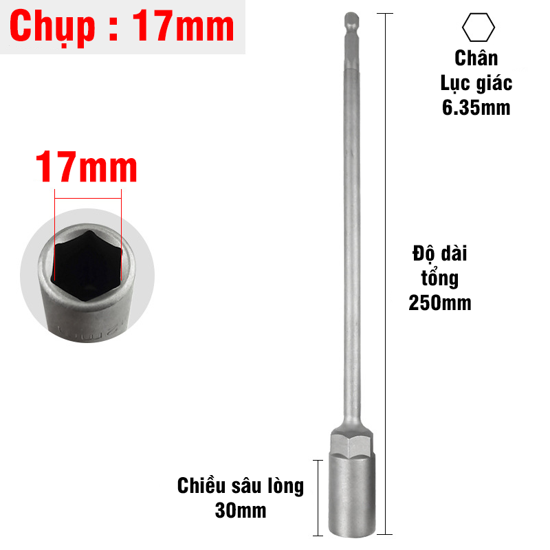 Cây Chụp Bulong Sâu Lòng Dài 250mm Bắn Vít VITO Chân Lục Giác Các Kích Cỡ