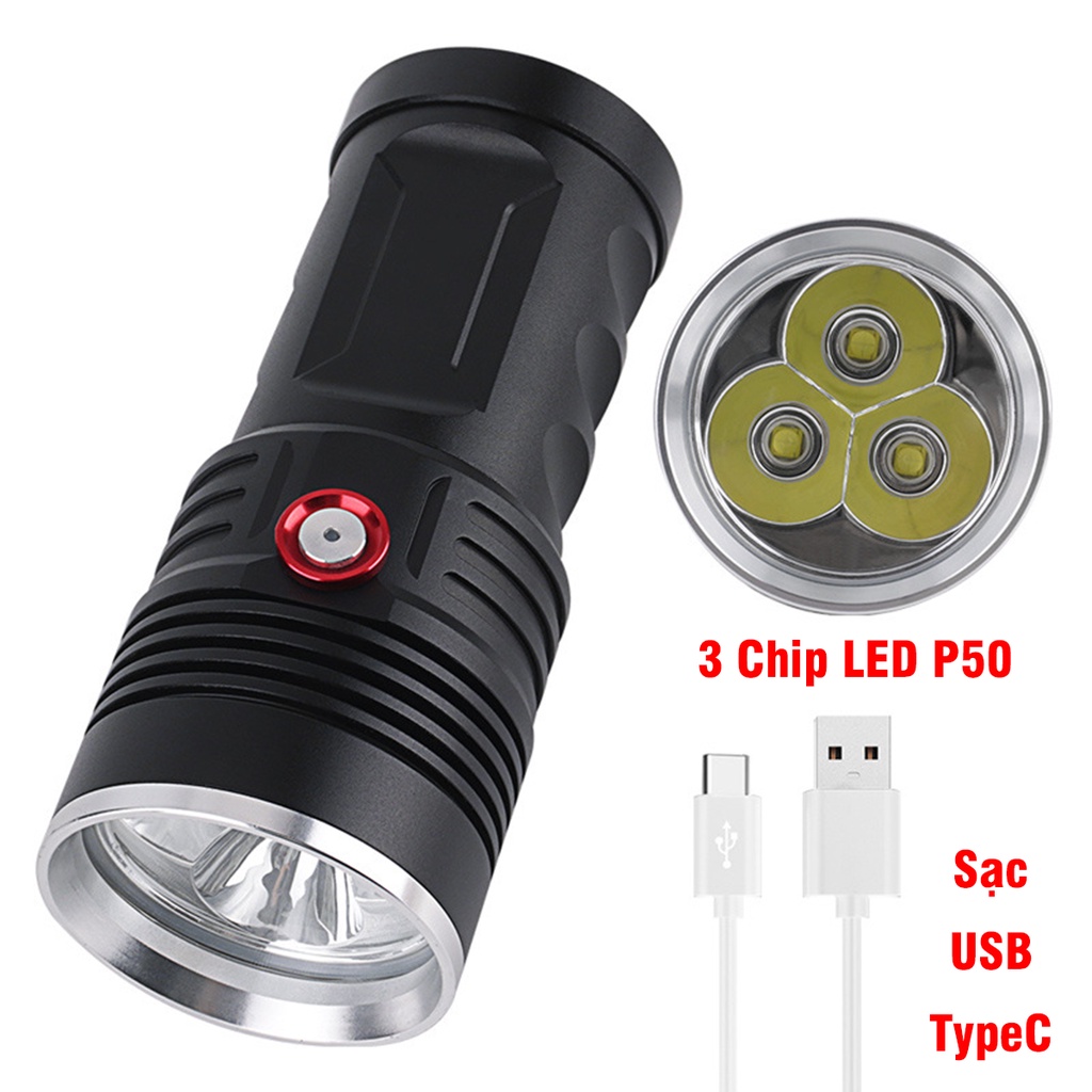 Đèn Pin 3 LED P50 Siêu Sáng Dùng 4 Pin 18650 Cổng Sạc Thân Type C