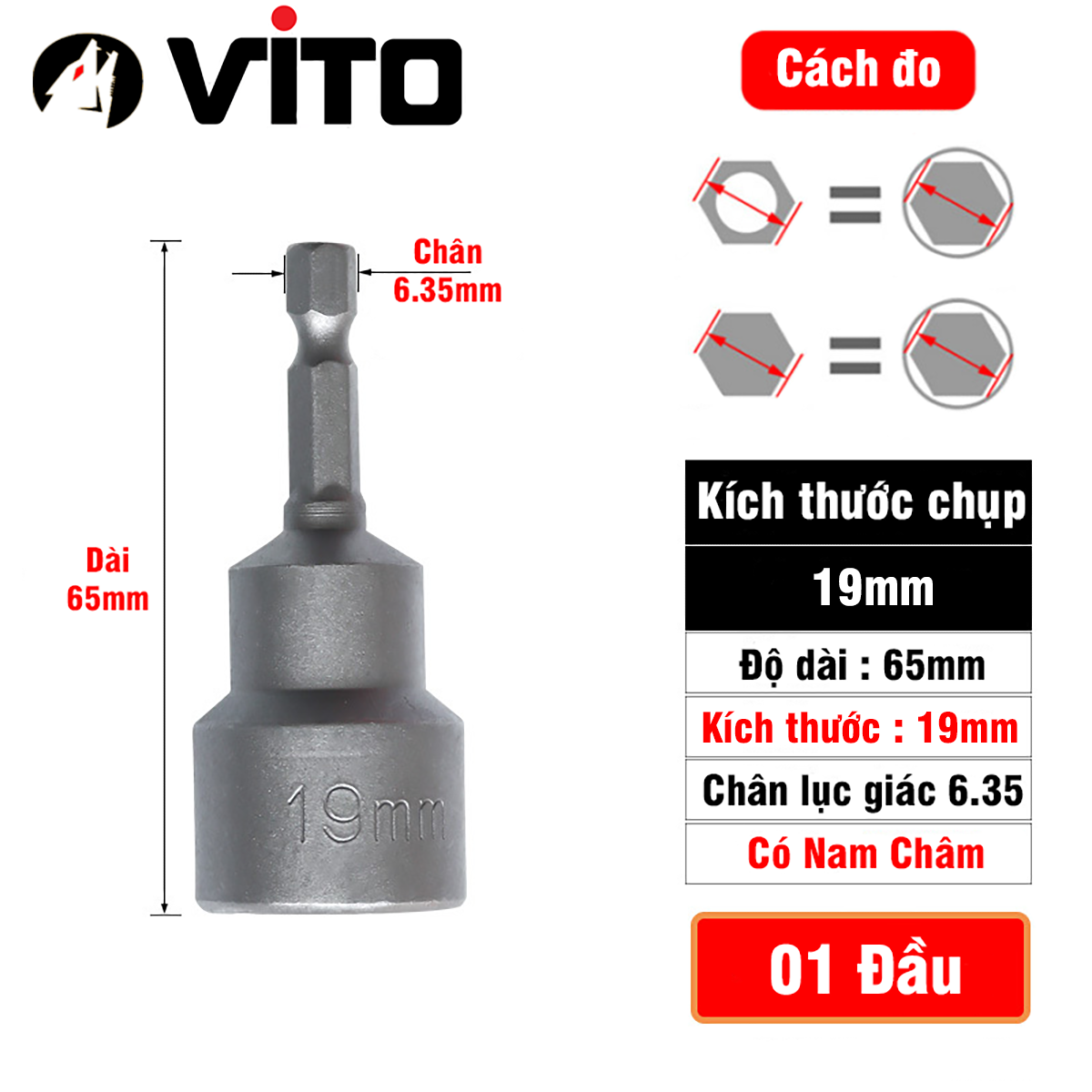 Đầu Chụp Bulong Bắn Vít Lục Giác Có Nam Châm Dài 65mm VITO Các Kích Cỡ