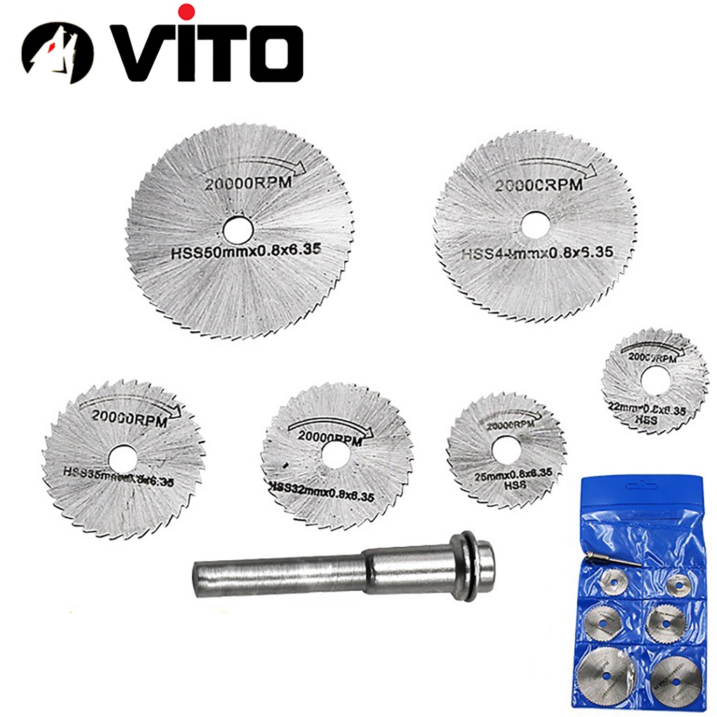 Bộ 7 Chi Tiết (Lưỡi Cắt + Trục) Đĩa Cắt Mini, Cán VITO Thép HSS Chắc Chắn