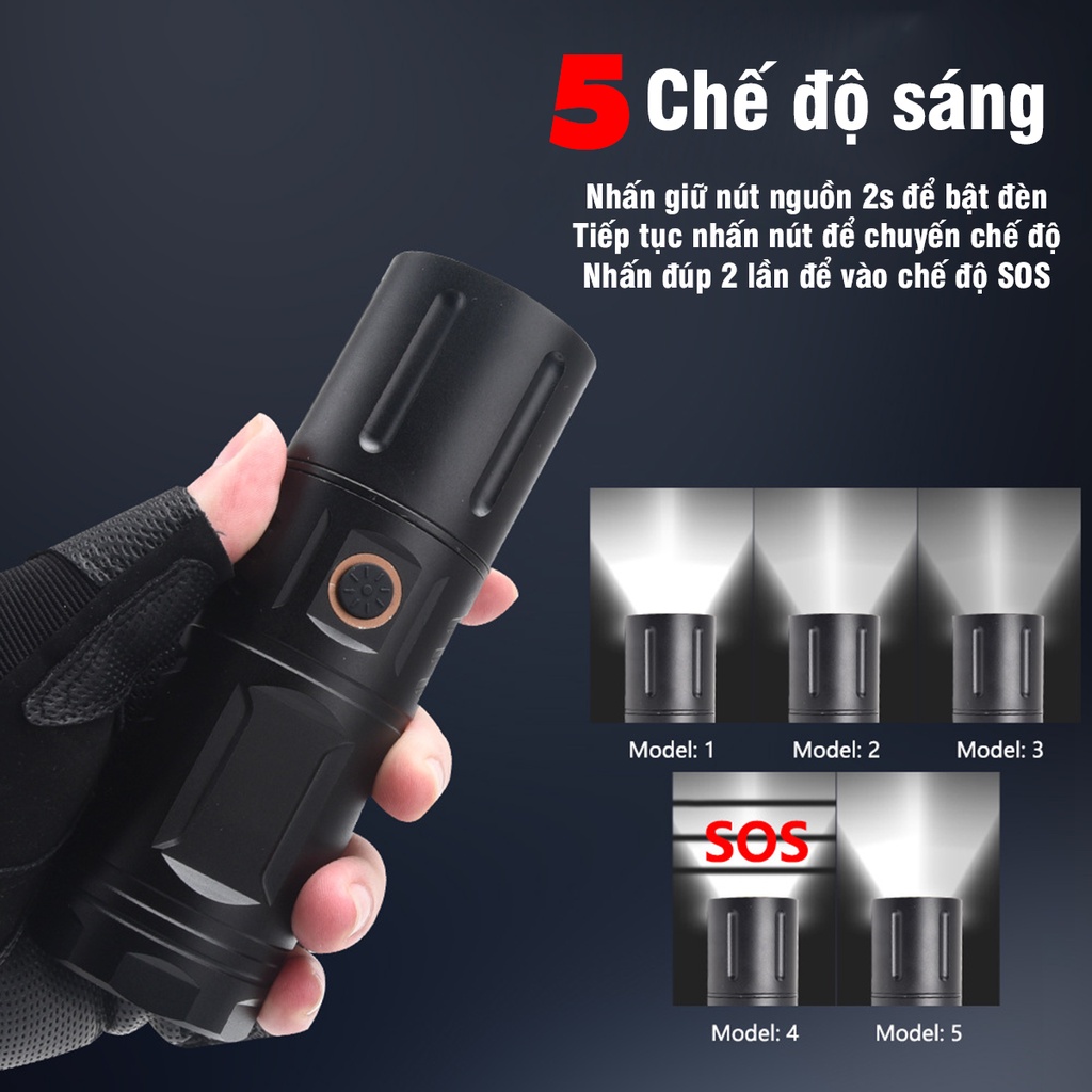 Đèn Pin Siêu Sáng LED T40 Tích Hợp 3 Pin 18650 4500mAh Có Cổng Sạc USB, Cổng Sạc Điện Thoại