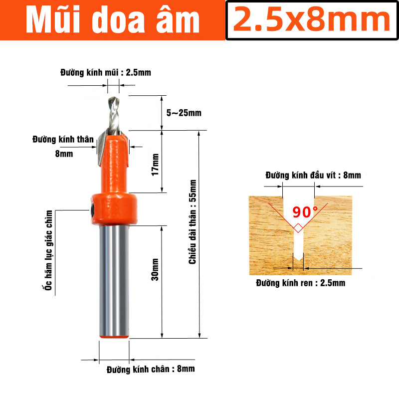 Mũi Khoan Doa Âm Vít Gỗ Vuông Góc 2 Tầng VITO Thép HSS 4341