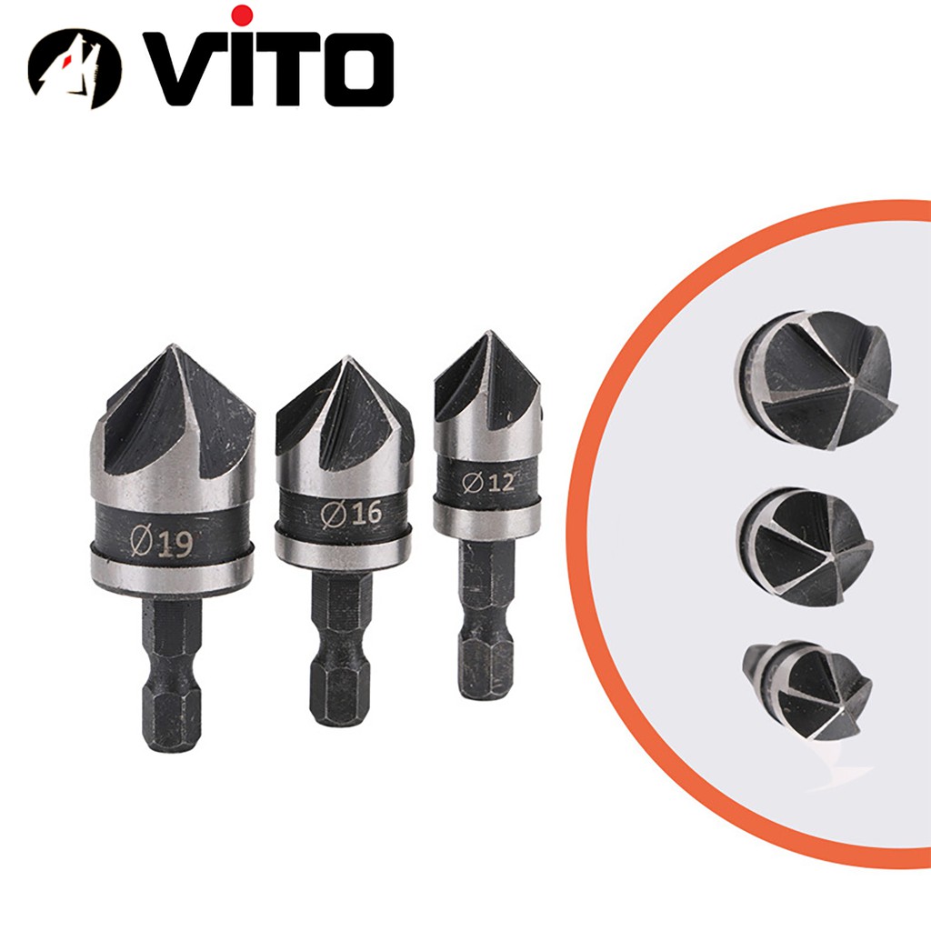 Bộ 3 Mũi Doa Âm Miệng Lỗ Bắt Âm Vít 12-16-19mm VITO 5 Lưỡi Phay Chuôi Lục Giác