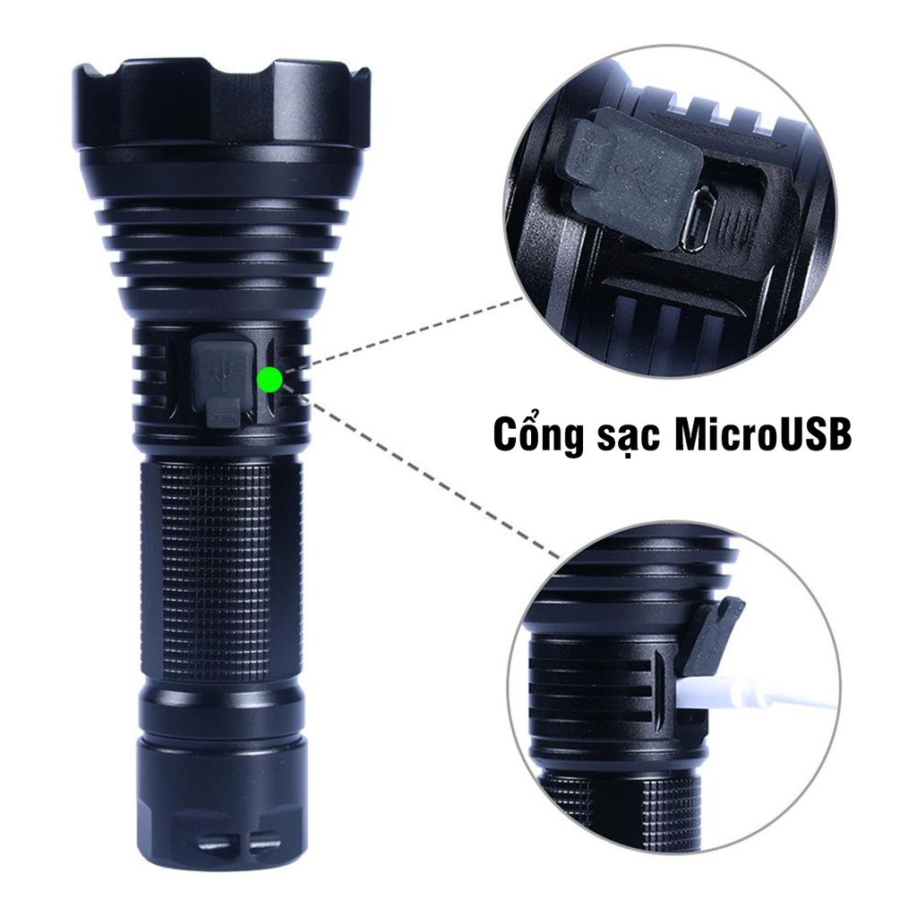 Đèn Pin Siêu Sáng LED T40 Dùng Pin 18650/26650 Có Cổng Sạc USB