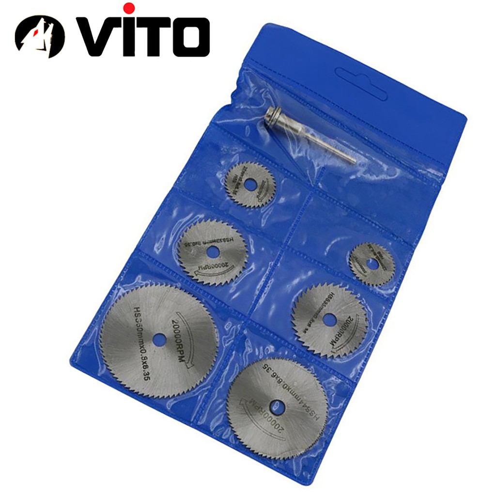 Bộ 7 Chi Tiết (Lưỡi Cắt + Trục) Đĩa Cắt Mini, Cán VITO Thép HSS Chắc Chắn
