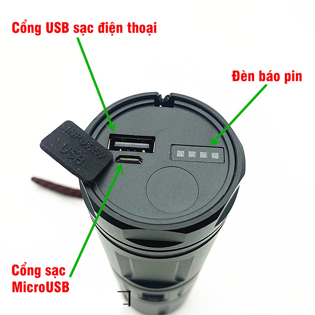 Đèn Pin Siêu Sáng LED T40 Tích Hợp 3 Pin 18650 4500mAh Có Cổng Sạc USB, Cổng Sạc Điện Thoại