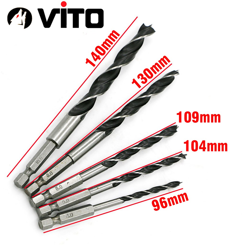 Bộ 5 Mũi Khoan Gỗ VITO Có Đầu Cố Định Tâm Chuôi Lục Giác Kích Thước 4-10mm