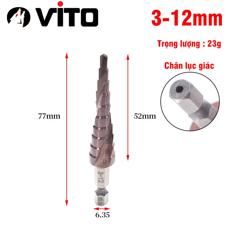 Mũi Khoan Bước Tháp Chuôi Lục Giác Thép HSS Co Phủ Cobalt VITO Các Kích Thước Chuyên Sắt, Thép, Inox,...