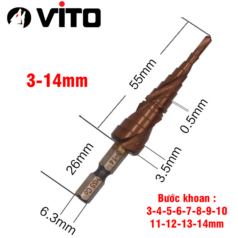 Mũi Khoan Bước Tháp Chuôi Lục Giác Thép HSS Co Phủ Cobalt VITO Các Kích Thước Chuyên Sắt, Thép, Inox,...