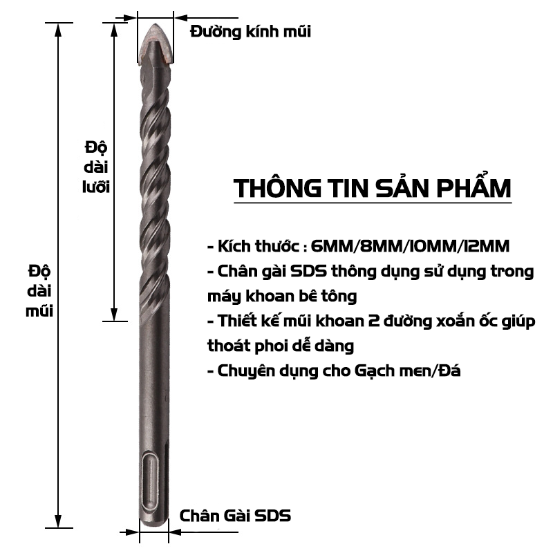 Mũi Khoan Chuôi Gài SDS Plus VITO Đa Năng Khoan Gạch Men, Gỗ, Kính Các Kích Thước
