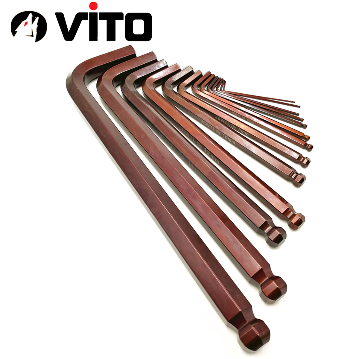 Hộp Lục Giác Vặn Tay Chữ L 2 Đầu Lục Giác, Lục Giác Bi 9 Cây VITO Thép S2 Mạ Crôm Độ Cứng Cao