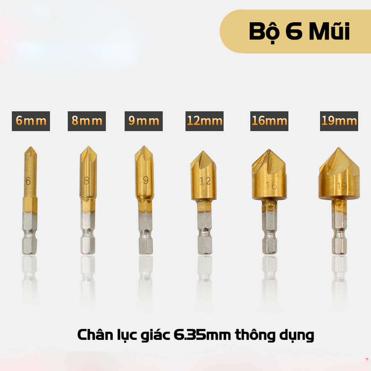 Bộ 3/6 Mũi Doa Âm Miệng Lỗ Bắt Âm Vít 5 Lưỡi Phay VITO Phủ Titanium 6-19mm Chuôi Lục Giác