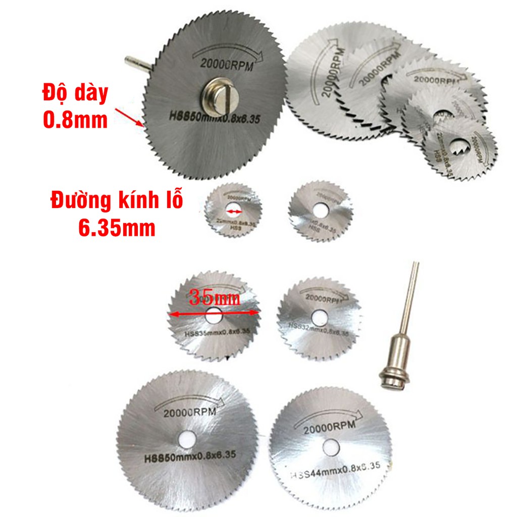 Bộ 7 Chi Tiết (Lưỡi Cắt + Trục) Đĩa Cắt Mini, Cán VITO Thép HSS Chắc Chắn