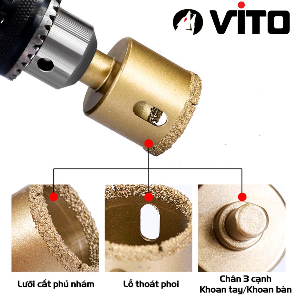 Mũi Khoan Khoét Lỗ Sứ, Gạch Men, Đá Hoa Cương, Gạch Nung, Kính Phủ Titanium Cao Cấp Kích Thước 6-60mm VITO