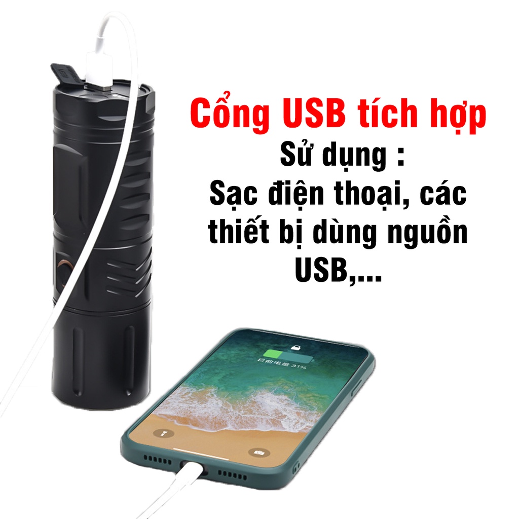 Đèn Pin Siêu Sáng LED T40 Tích Hợp 3 Pin 18650 4500mAh Có Cổng Sạc USB, Cổng Sạc Điện Thoại