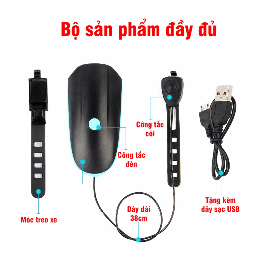 Đèn Pin Gắn Xe Đạp Thể Thao Siêu Sáng LED T6 Có Còi, Pin Sạc USB, Chồng Nước Đi Mưa