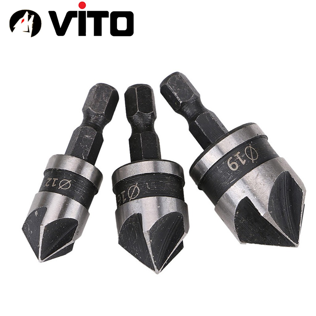 Bộ 3 Mũi Doa Âm Miệng Lỗ Bắt Âm Vít 12-16-19mm VITO 5 Lưỡi Phay Chuôi Lục Giác