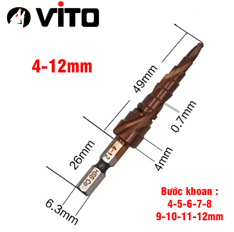 Mũi Khoan Bước Tháp Chuôi Lục Giác Thép HSS Co Phủ Cobalt VITO Các Kích Thước Chuyên Sắt, Thép, Inox,...