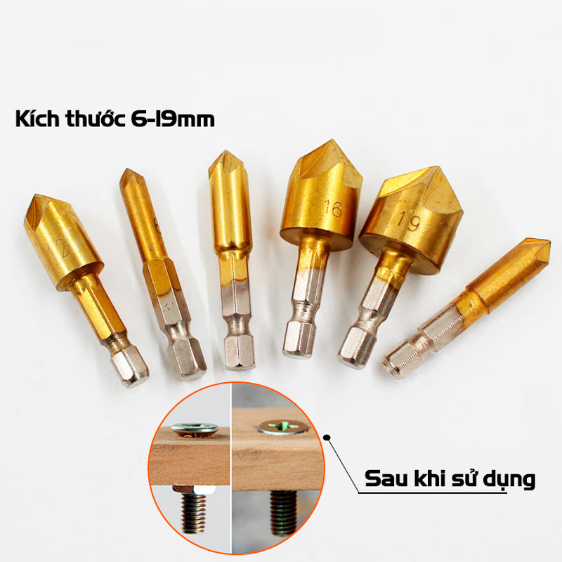 Bộ 3/6 Mũi Doa Âm Miệng Lỗ Bắt Âm Vít 5 Lưỡi Phay VITO Phủ Titanium 6-19mm Chuôi Lục Giác