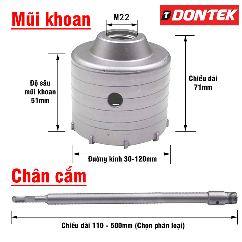 Mũi Khoan Rút Lõi, Khoan Khoét Bê Tông, Tường Chân SDS Plus Chắc Chắn DONTEK