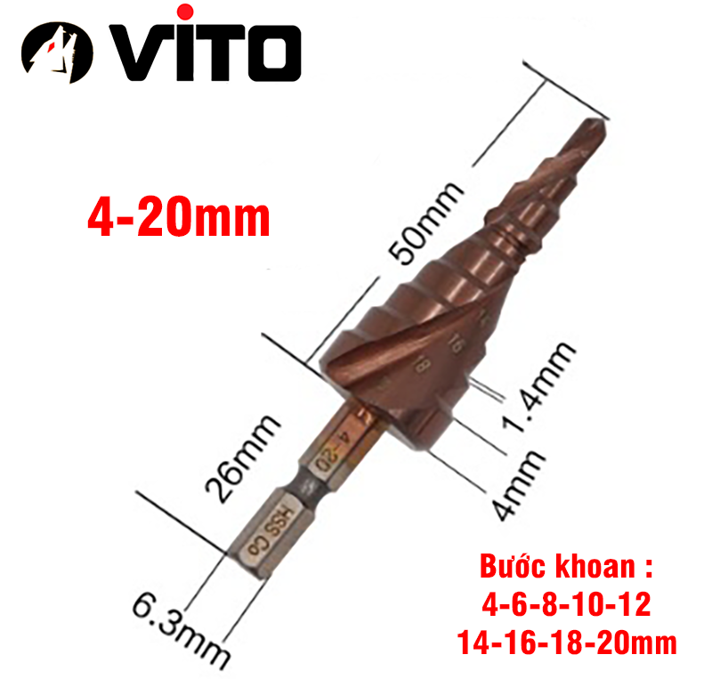 Mũi Khoan Bước Tháp Chuôi Lục Giác Thép HSS Co Phủ Cobalt VITO Các Kích Thước Chuyên Sắt, Thép, Inox,...