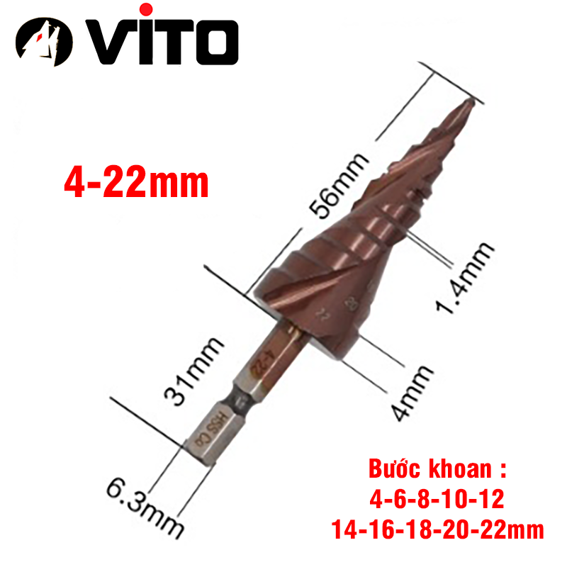 Mũi Khoan Bước Tháp Chuôi Lục Giác Thép HSS Co Phủ Cobalt VITO Các Kích Thước Chuyên Sắt, Thép, Inox,...