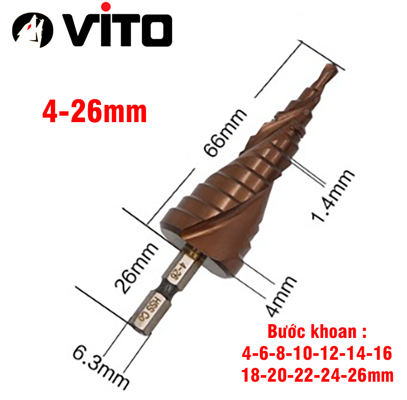 Mũi Khoan Bước Tháp Chuôi Lục Giác Thép HSS Co Phủ Cobalt VITO Các Kích Thước Chuyên Sắt, Thép, Inox,...
