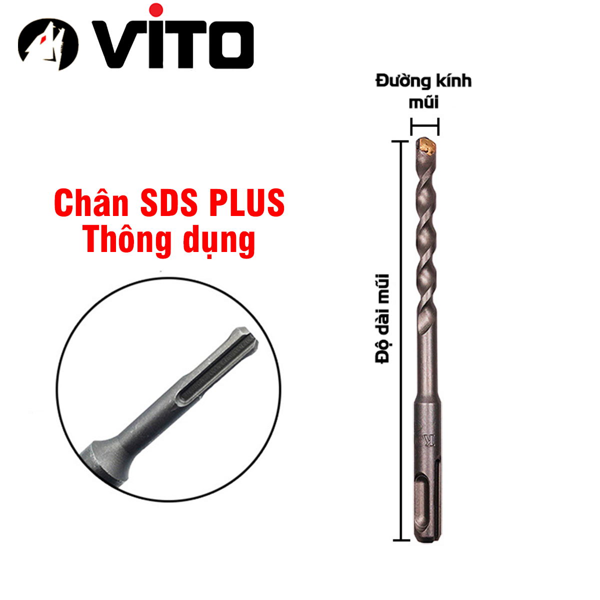Mũi Khoan Bê Tông VITO Chân Gài SDS Plus Chắc Chắn Thép HSS