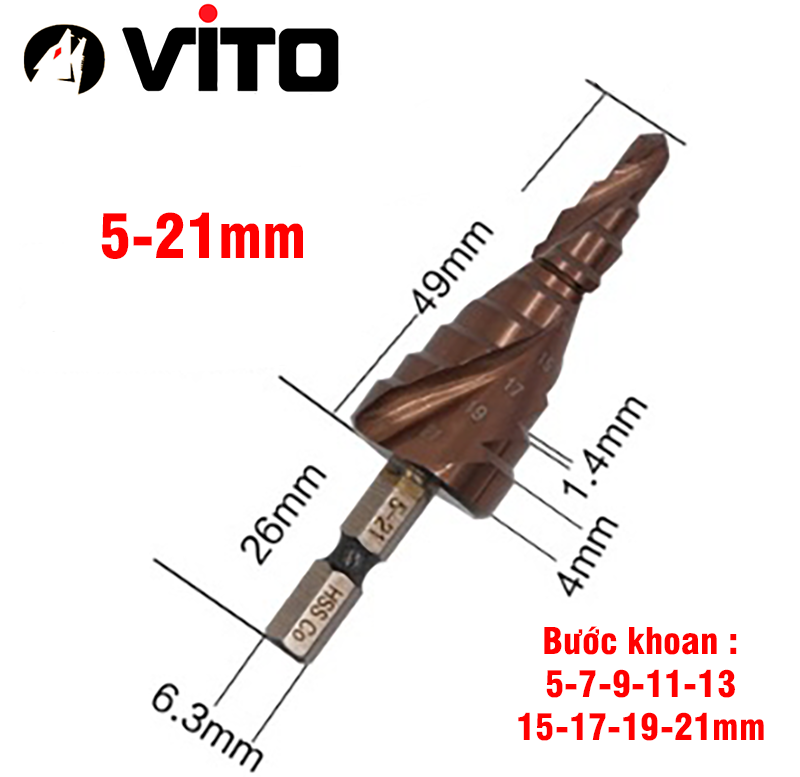 Mũi Khoan Bước Tháp Chuôi Lục Giác Thép HSS Co Phủ Cobalt VITO Các Kích Thước Chuyên Sắt, Thép, Inox,...