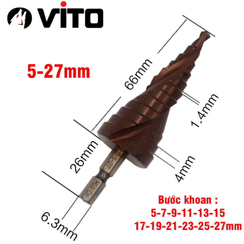 Mũi Khoan Bước Tháp Chuôi Lục Giác Thép HSS Co Phủ Cobalt VITO Các Kích Thước Chuyên Sắt, Thép, Inox,...