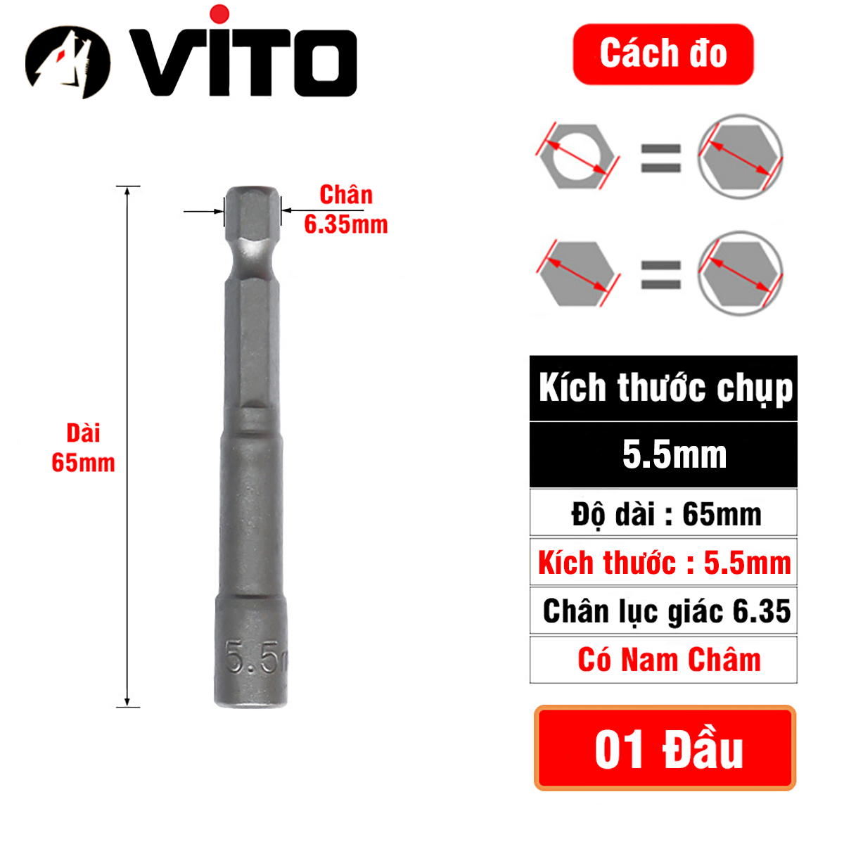 Đầu Chụp Bulong Bắn Vít Lục Giác Có Nam Châm Dài 65mm VITO Các Kích Cỡ