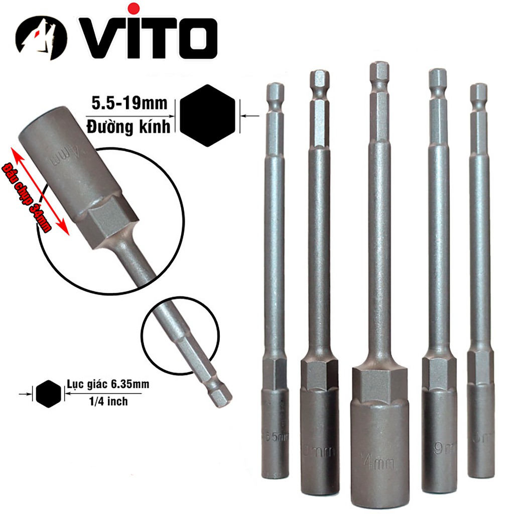 Khẩu Chụp Bulong Sâu Lòng Dài 150mm Bắn Vít VITO Chân Lục Giác Các Kích Cỡ