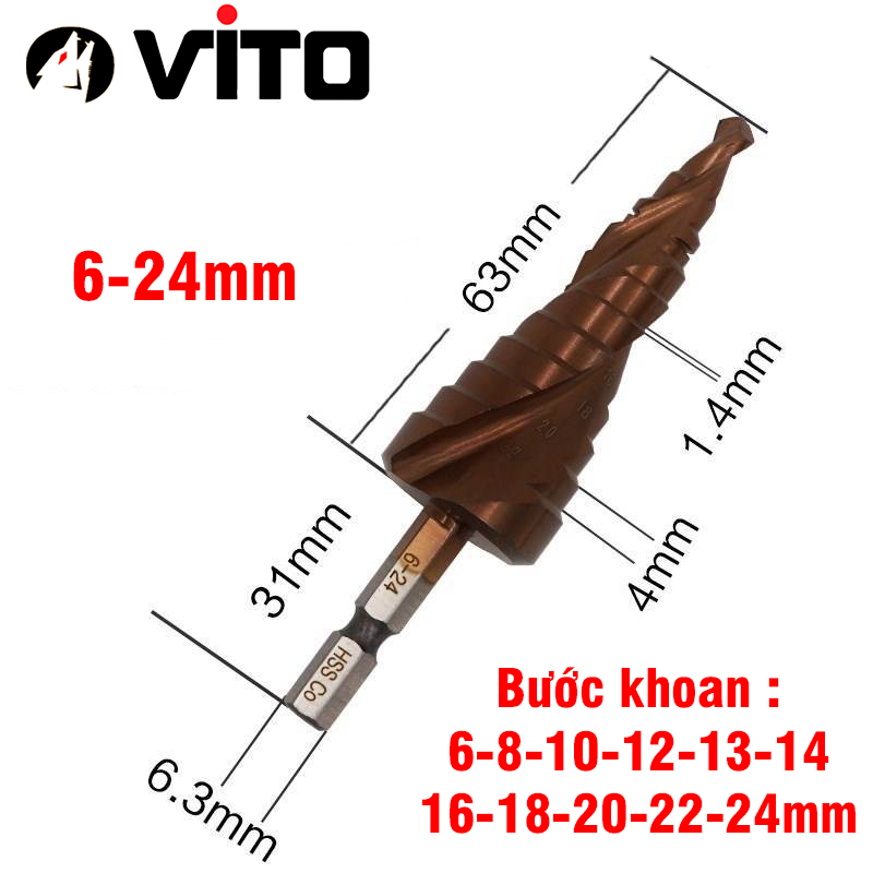 Mũi Khoan Bước Tháp Chuôi Lục Giác Thép HSS Co Phủ Cobalt VITO Các Kích Thước Chuyên Sắt, Thép, Inox,...