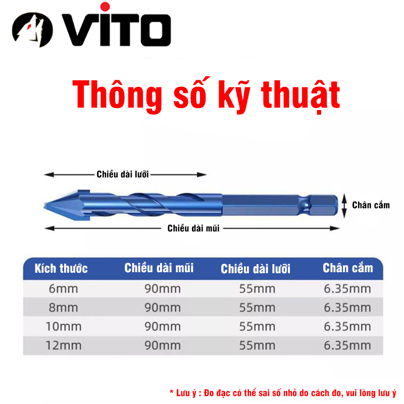 Mũi Khoan V2 Đa Năng Chuyên Gạch Men Cứng HEX-9 Độ Cứng HRC 40 VITO