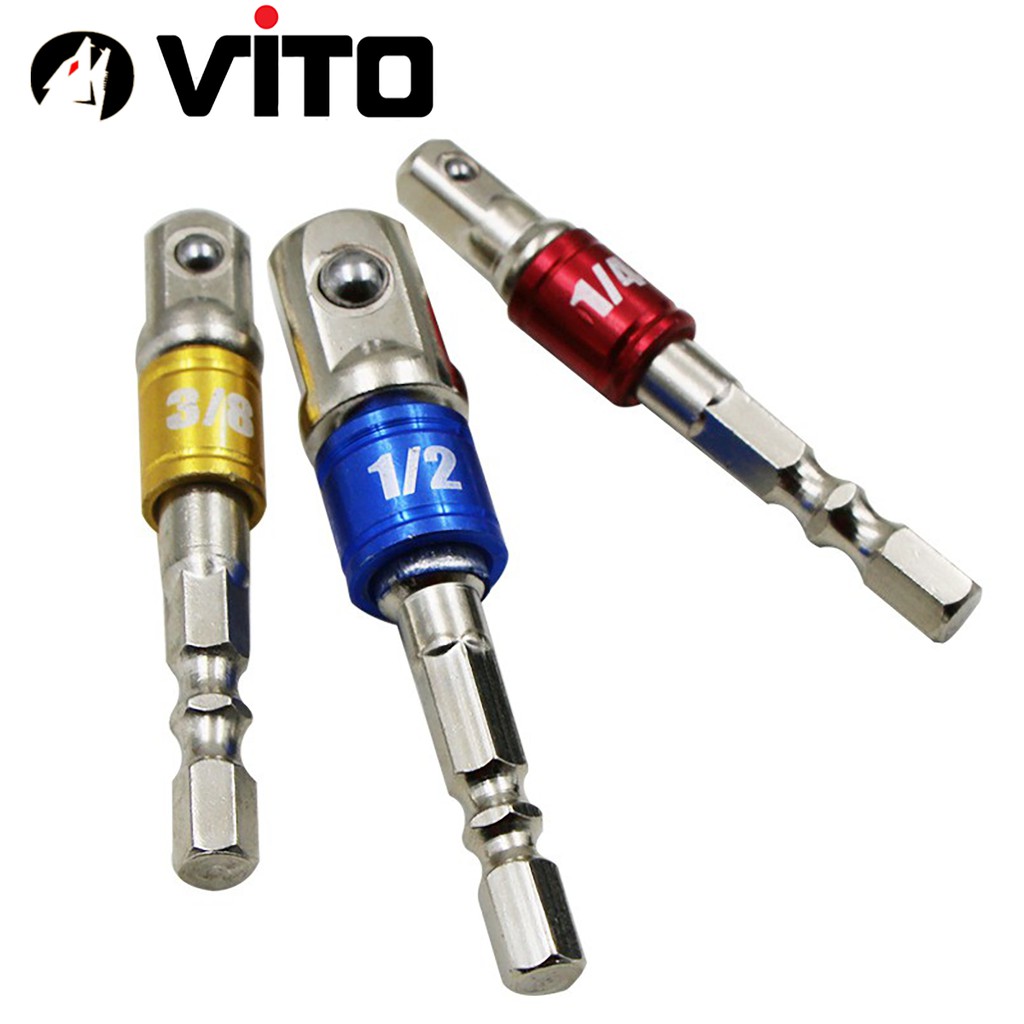 Bộ 3 Đầu Chuyển Sang Khẩu Bulong 1/4" 3/8" 1/2" 3 Màu VITO Gắn Cho Máy Khoan, Máy Bắn Vít