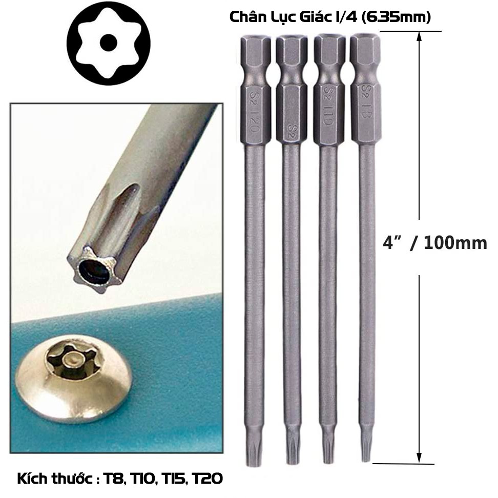 Bộ 16 Mũi Vít Hỗn Hợp (Bake, Hoa Thị, Lục Giác, 2 Cạnh) Dài 100mm