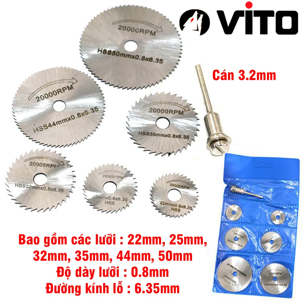 Bộ 7 Chi Tiết (Lưỡi Cắt + Trục) Đĩa Cắt Mini, Cán VITO Thép HSS Chắc Chắn
