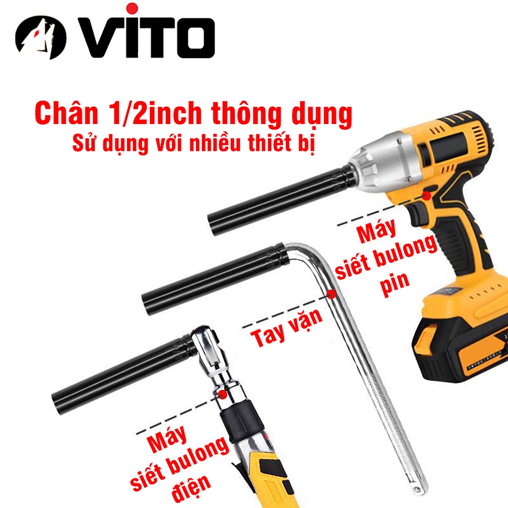 Tuýp Khẩu 14-32mm Dài 200mm VITO Chân 1/2 Inch Vặn Bulong, Đầu Bulong, Đầu Tiếp, Đầu Điếu Mạ Crôm