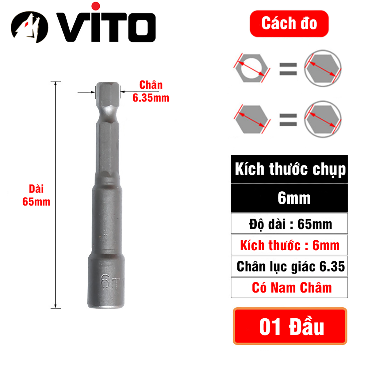Đầu Chụp Bulong Bắn Vít Lục Giác Có Nam Châm Dài 65mm VITO Các Kích Cỡ