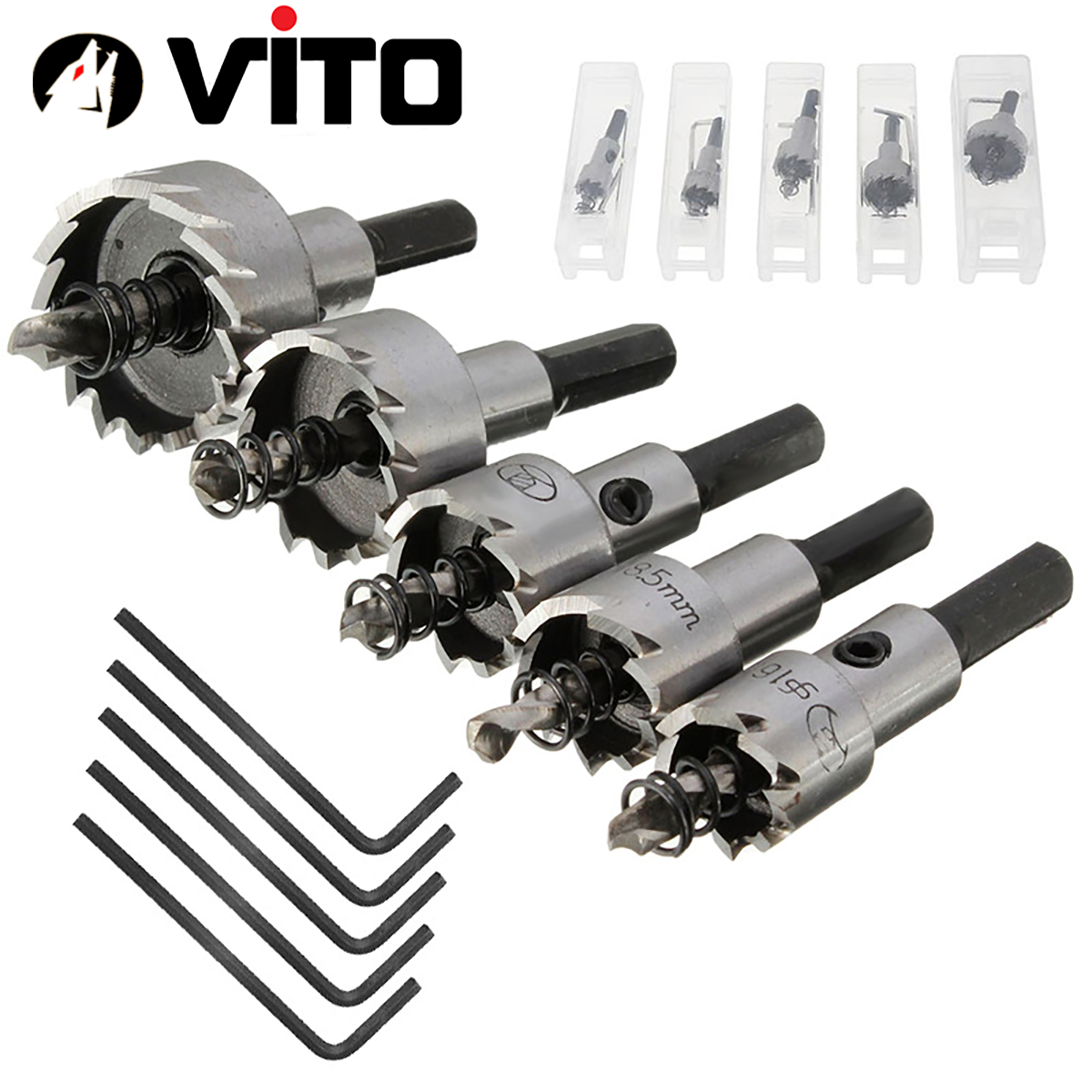 Bộ 5 Mũi Khoan, Mũi Khoét Kim Loại VITO Thép HSS 6542 Kích Thước 16-30mm Có Mũi Định Tâm