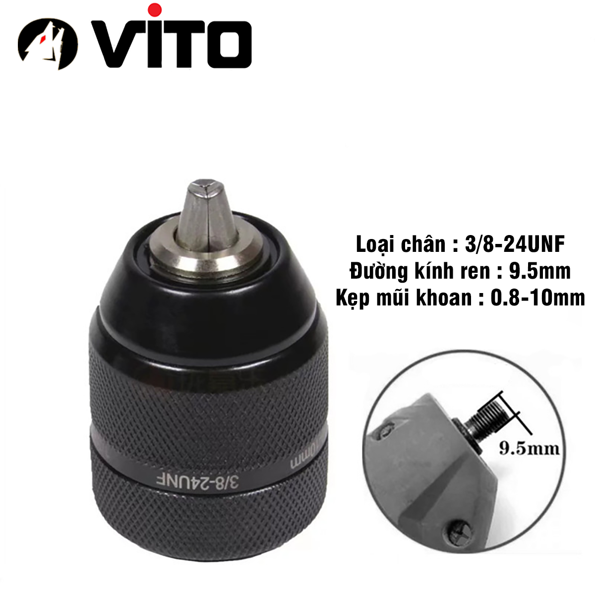 Đầu Măng Ranh Kẹp Mũi Khoan 0.8-10mm 3/8"-24UNF VITO Thay Thế Máy Khoan Pin