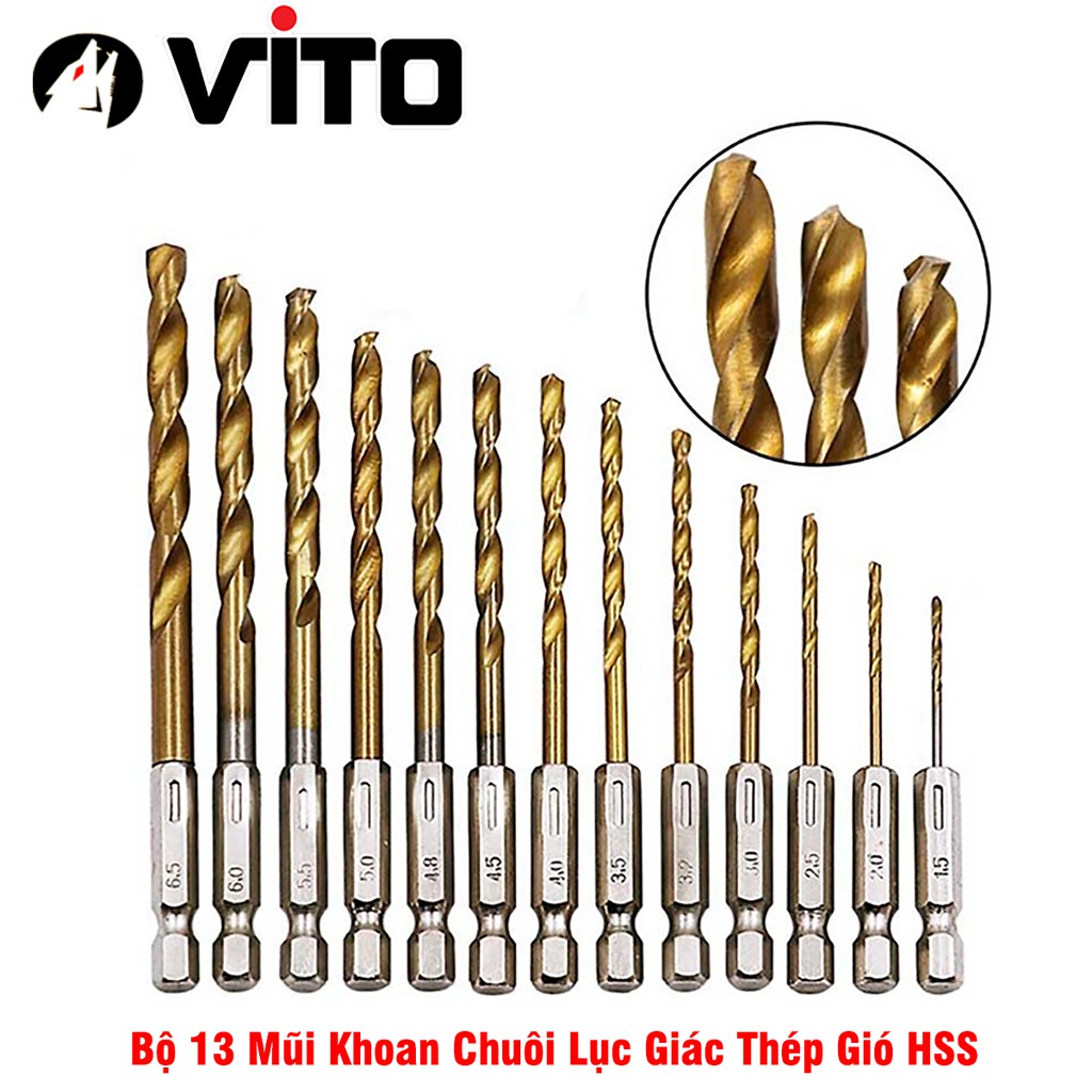 Bộ 13 Mũi Khoan Chất Liệu Thép Gió HSS Bọc Titanium VITO Chuôi Lục Giác Khoan Gỗ, Nhựa