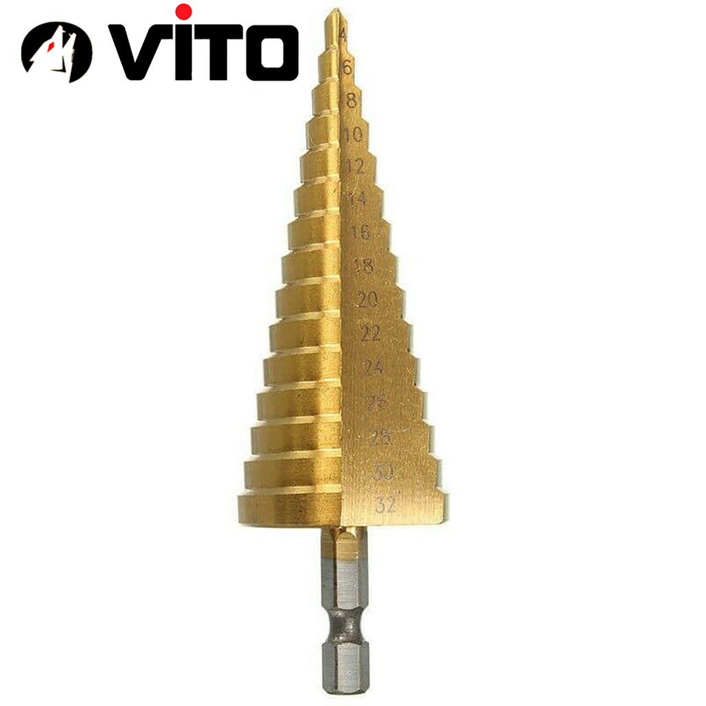 Bộ 3 Mũi Khoan Tháp VITO Chuôi Lục Giác Thép Gió HSS Mạ Titan 4-32mm Khoan Nhôm, Nhựa, Gỗ