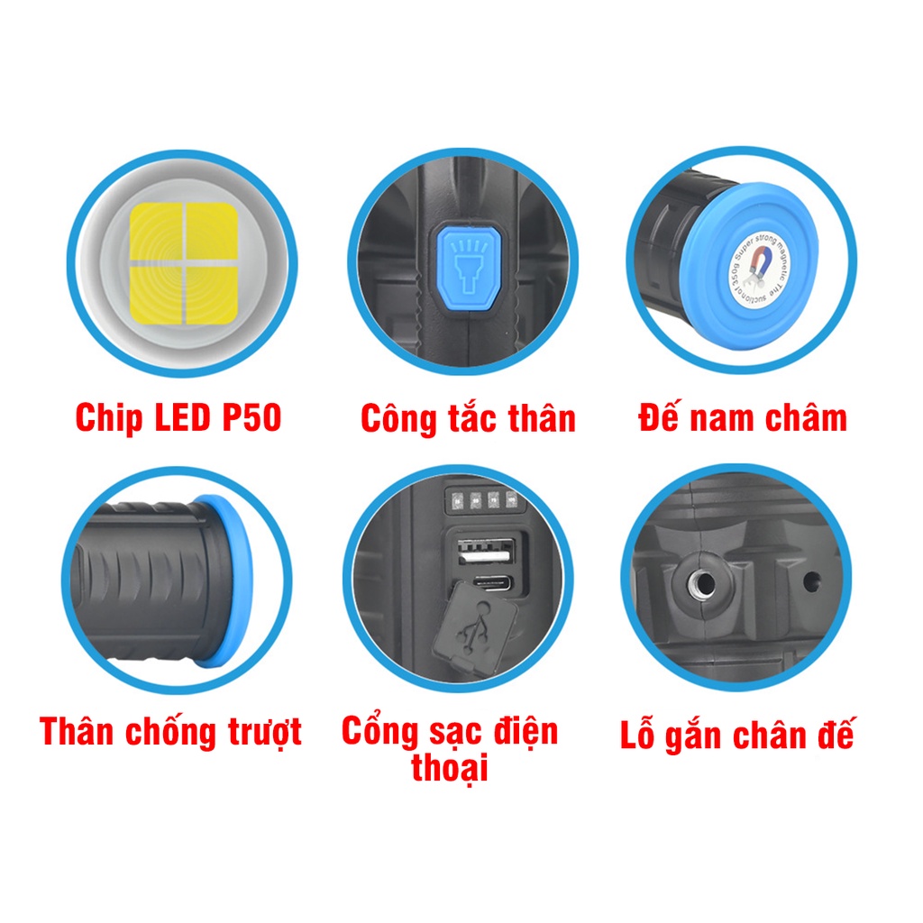Đèn Pin Xách Tay Siêu Sáng LED P50 + LED COB Tích Hợp Cổng Sạc Điện Thoại