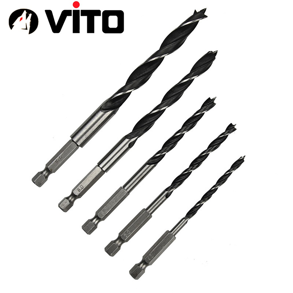 Bộ 5 Mũi Khoan Gỗ VITO Có Đầu Cố Định Tâm Chuôi Lục Giác Kích Thước 4-10mm