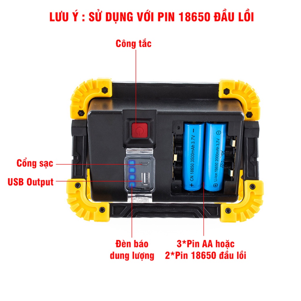 Đèn Pin 2 LED COB + 1 LED T6 Cạnh, Có Cổng Sạc Điện Thoại, Sử Dụng Pin 18650/AA